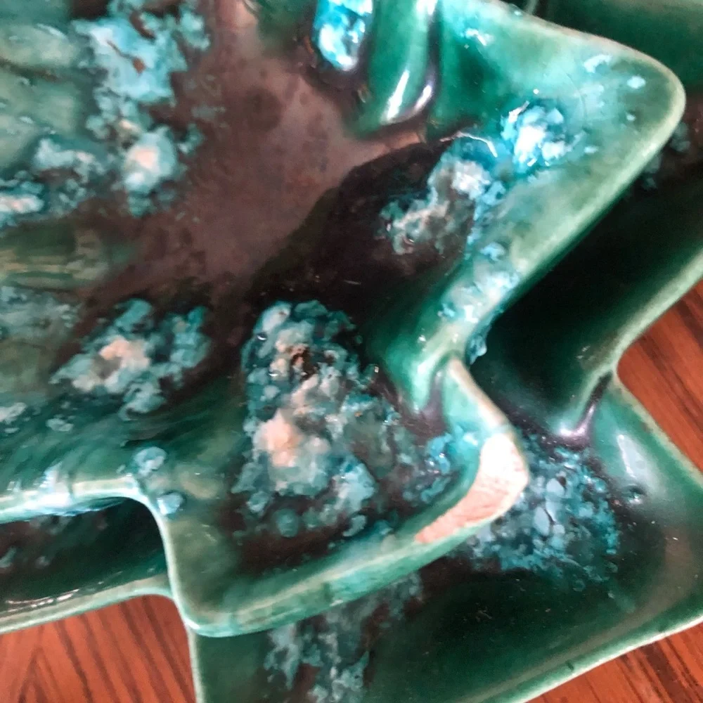 Vintage Set of 3 Green Drip Glaze Stacking Ceramic Christmas Tree Nesting Dishes